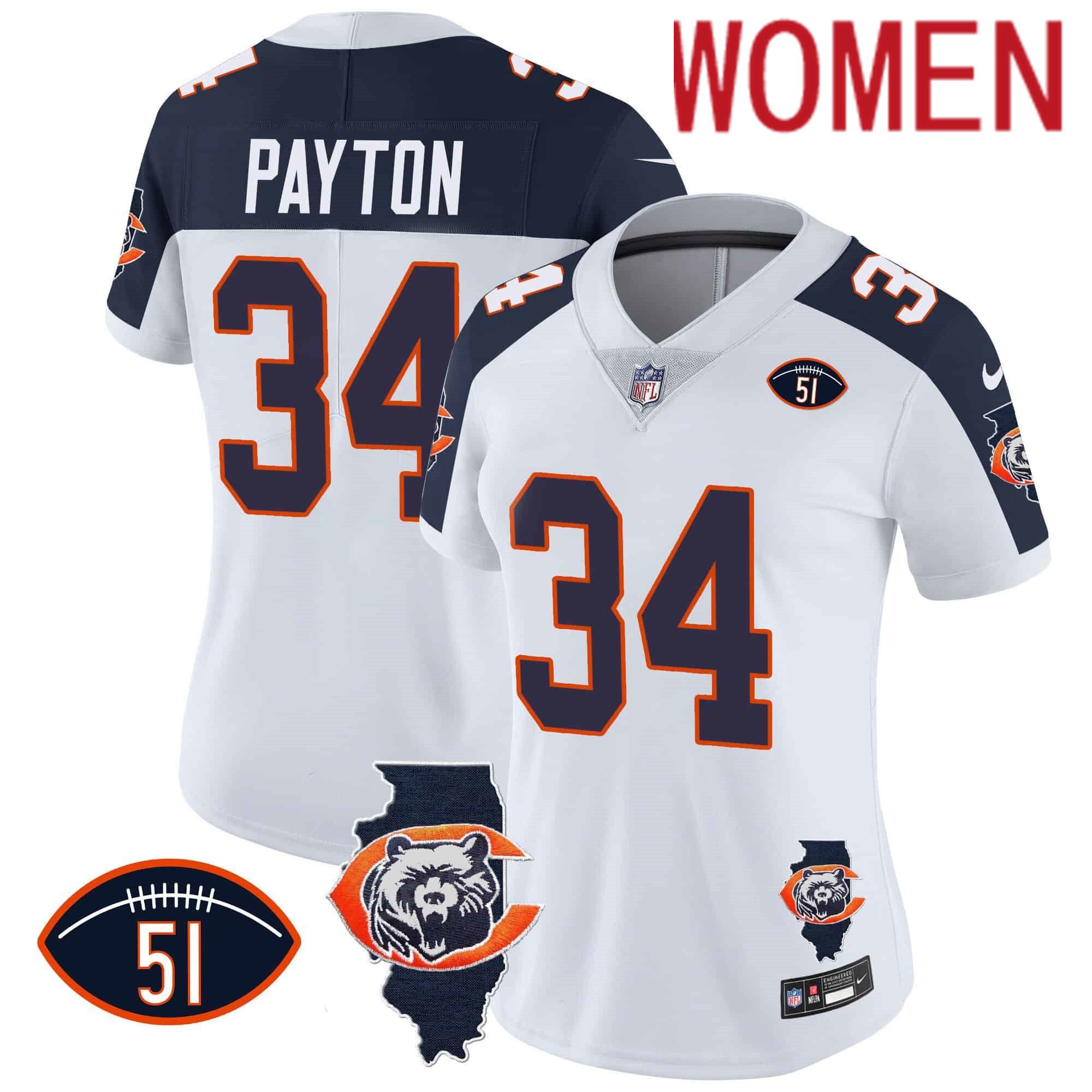 Women Chicago Bears #34 Payton White 2024 Nike Throwback Illinois Patch Vapor NFL Jersey style 2->women nfl jersey->Women Jersey